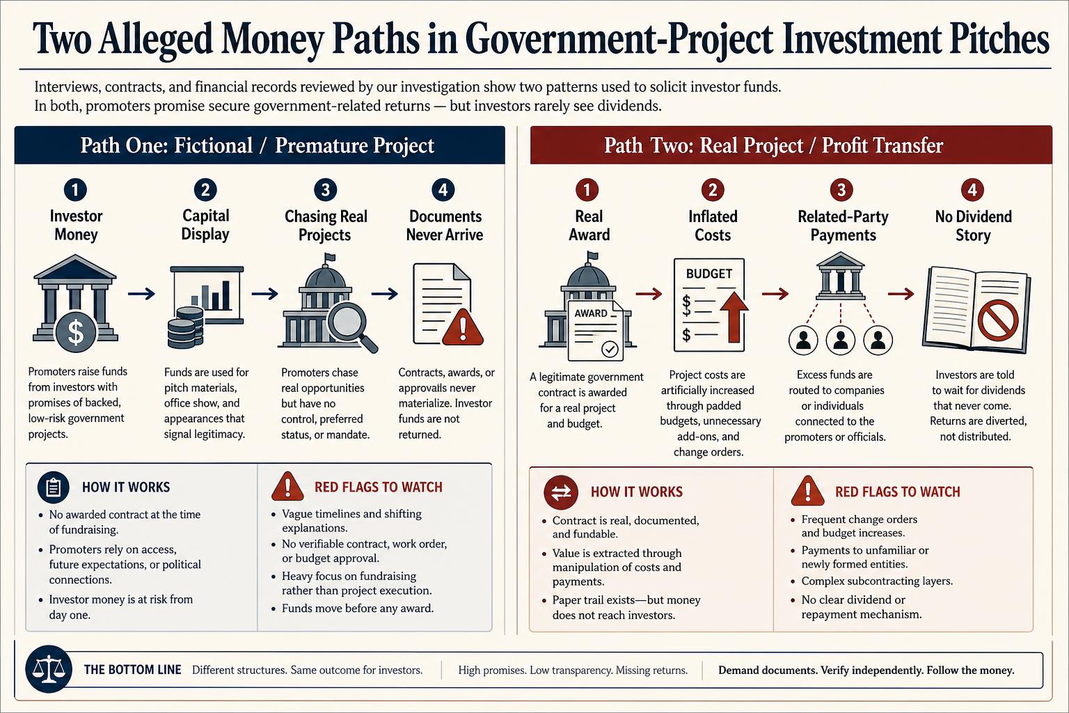 Infographic explaining two alleged money paths in government-project investment pitches